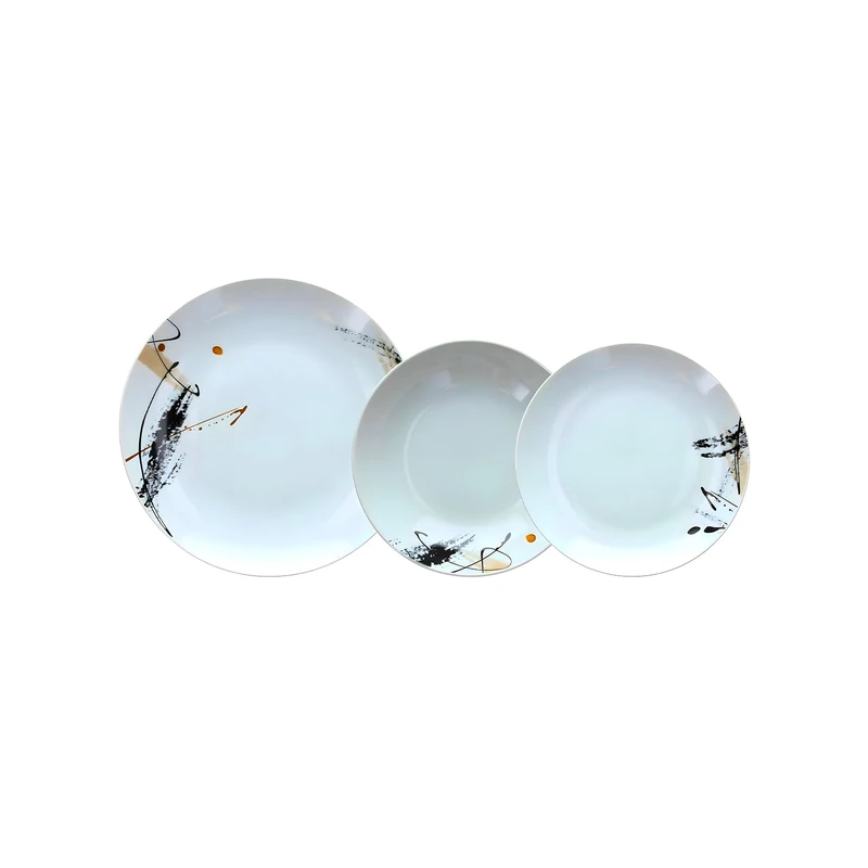 Wintem Set of 18 Durable Porcelain Plates with Soup Plates, Dessert Plates and Black Graphic Decoration - Ideal for 6 People and for Any Occasion - Modern and Dishwasher Safe