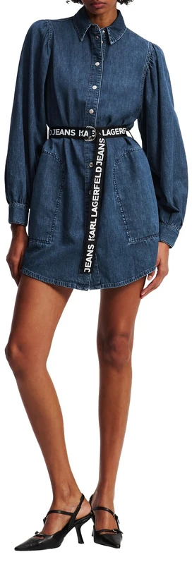 KARL LAGERFELD JEANS Women Puff Sleeve Denim Dress Washed Dark Blue XL