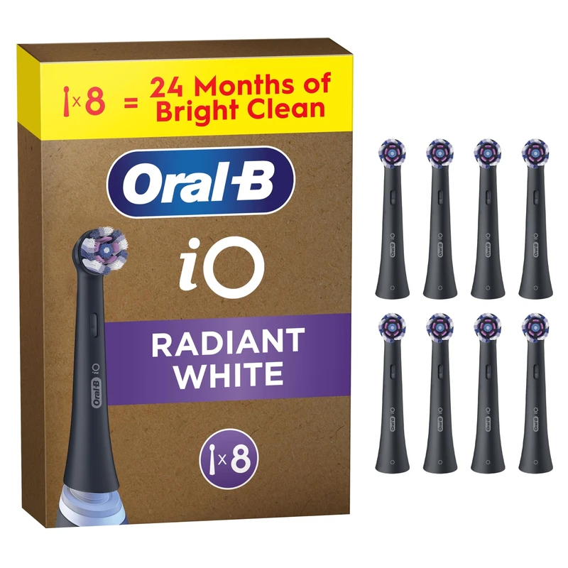 Oral-B iO Radiant White Original Electric Toothbrush Heads, Black, Pack of 8 Oral B Replacement Toothbrush Heads with Angled Bristles for Deep Plaque Removal & Polishing Petals for Teeth Whitening