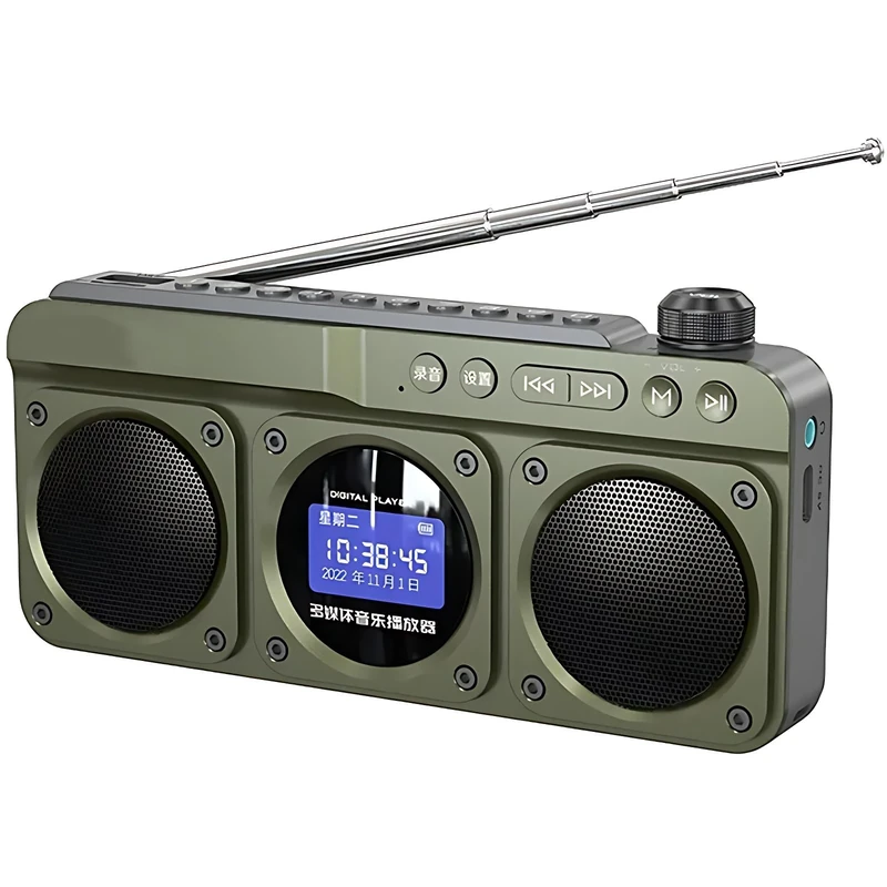 Portable Blutooth Speaker, Mini Radio Boombox with BT/USB/TF/FM Radio Stereo, Retro Player Recorder with Clock Alarm Setting & LED Screen Display, for Home Outdoor Indoor green