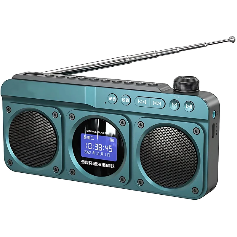 Portable Blutooth Speaker, Mini Radio Boombox with BT/USB/TF/FM Radio Stereo, Retro Player Recorder with Clock Alarm Setting & LED Screen Display, for Home Outdoor Indoor blue