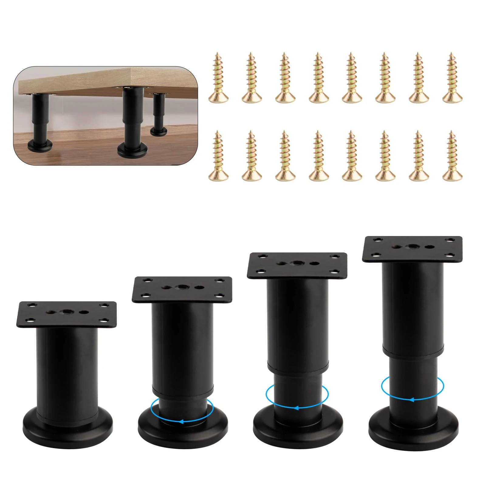 4 Pcs Adjustable Furniture Legs for Furniture Feet, 7.08-11.81" Height Adjustable Feet, Black Stainless Steel Support Cabinet Legs for Sofa Coffee Table Chair Desk Kitchen Cupboard Legs Feet(18-30CM)