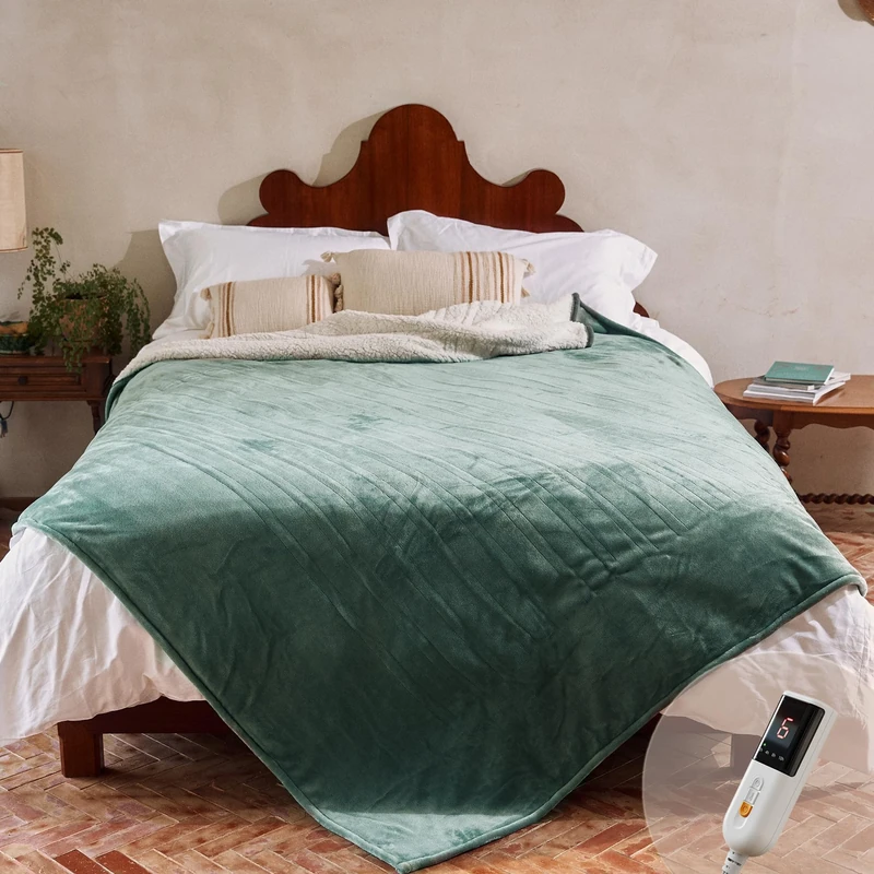GOTCOZY Electric Blanket Double Extra Large 200 x 150cm -Soft Silky Plush Heated Blanket with 9 Heat Settings & 10 Hours Auto-Off Timer For Home Use CE Certified Washable(Green)