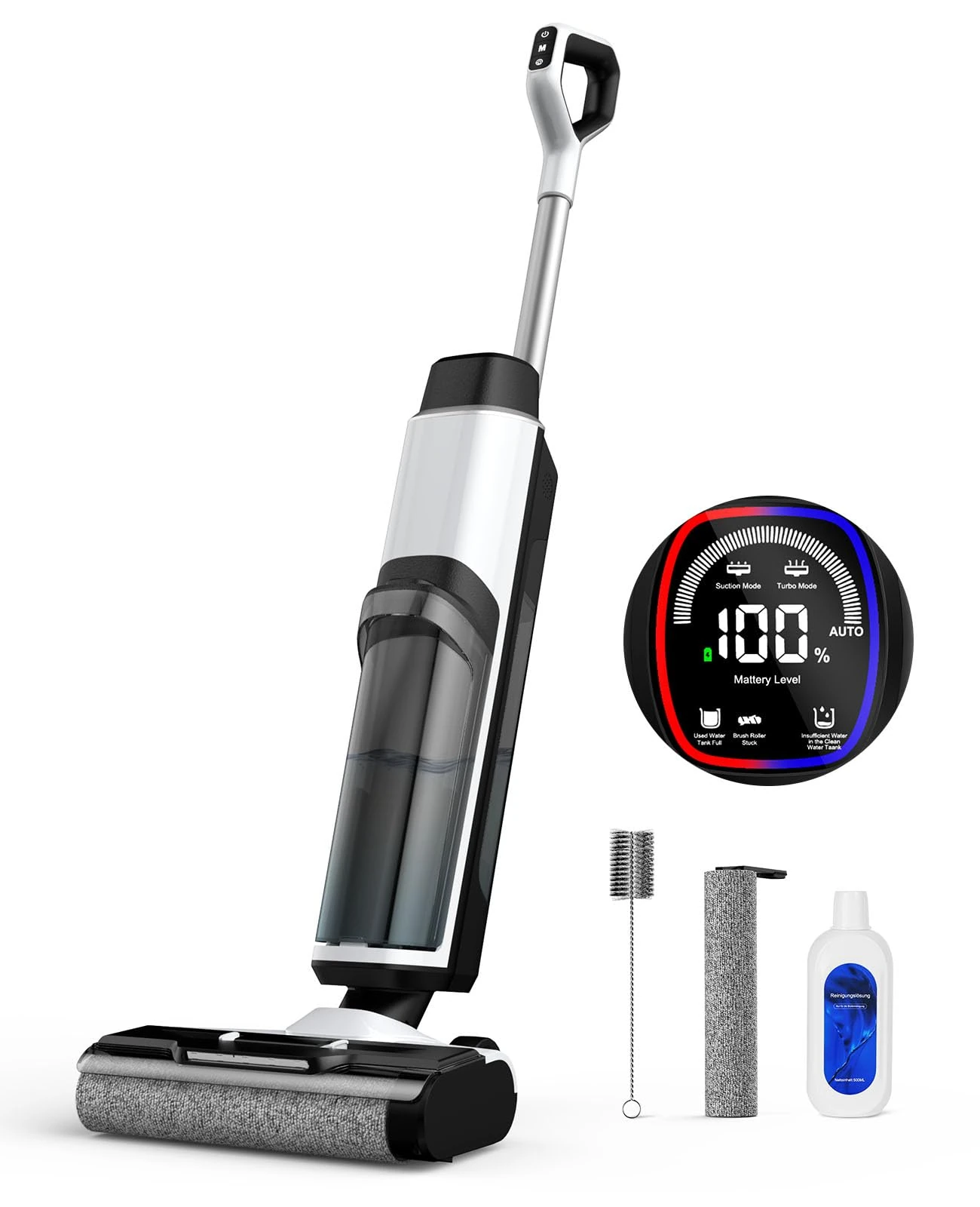 Wet Dry Vacuum Cleaner, All-in-One Wet Vacuum Cleaner Vacuum Cleaner Battery Wireless with Dual Tank Design, 890 ml Water Tank, Self-Cleaning, 5 mm Edge Cleaning, LED Display Mop Vacuum Cleaner for