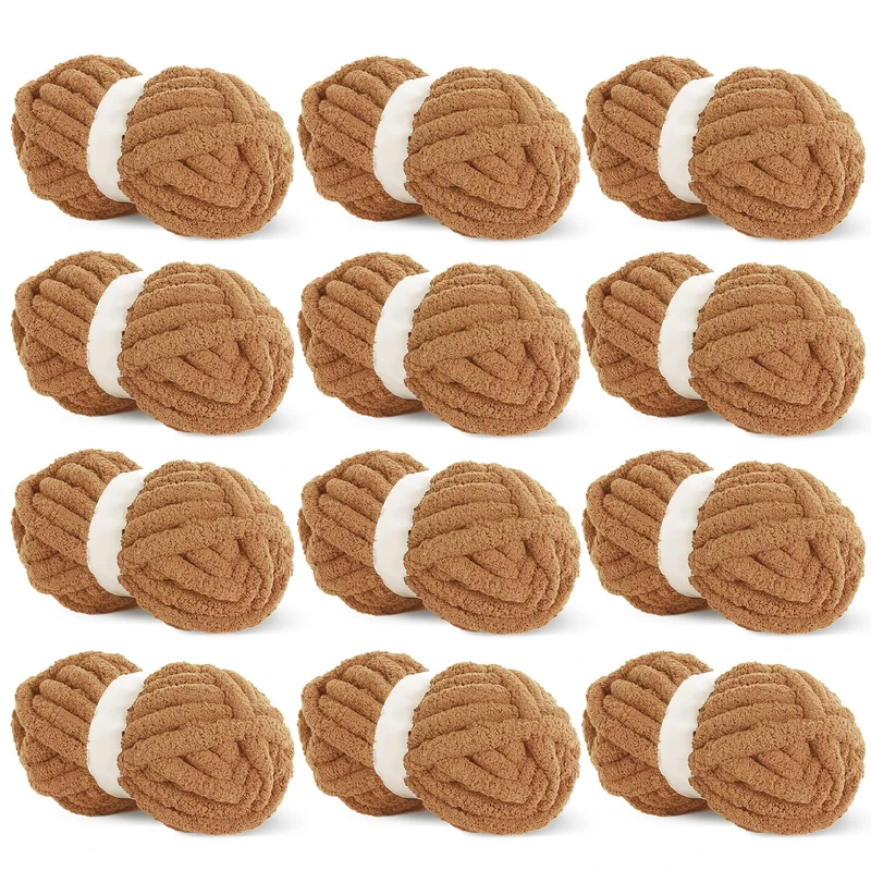 HOMBYS Brown Chunky Chenille Yarn Crochet Wide Thick Fluffy Yarn for Knitting, Super Bulky Chunky Yarn for Hand Knitting Blankets, Soft Plush Yarn, 12 Jumbo Packs (90 Yards, 8 Ounce)