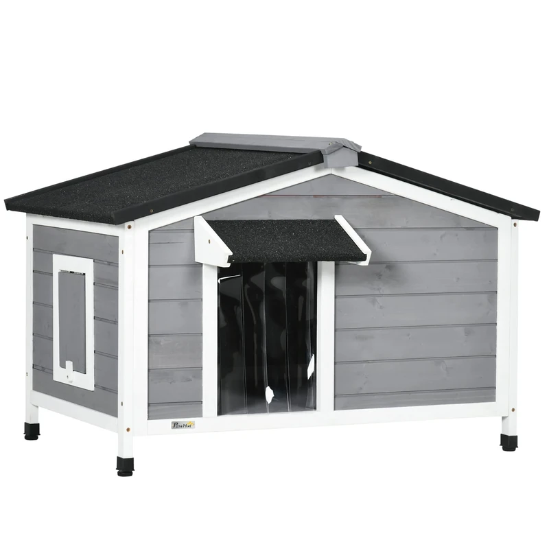 PawHut Wooden Dog Kennel Outdoor, Elevated Dog House for Outside, with Openable Top, Asphalt Roof, Windows, Curtain, Removable Tray, Adjustable Legs, 65H x 97L x 72Wcm, Grey