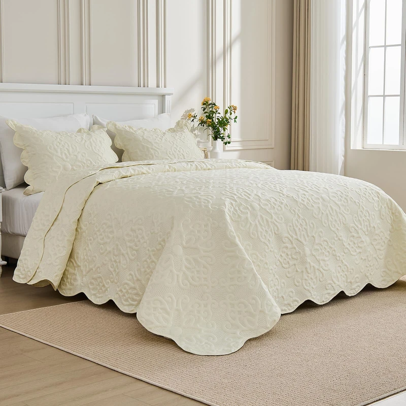 Oversized King Bedspreads 128x120 for Extra Tall King/California King Bed Lightweight Quilted Coverlet Set 3 Pieces 1 Quilt 2 Pillow Shams Cream