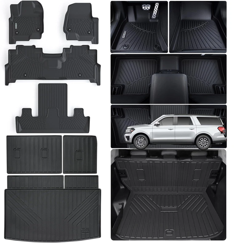 WAYIDSS Floor Mats & Trunk Mat for 2018-2023 2024 Ford Expedition MAX (Only Fit 7 Seats) (2 Row Bucket Seat) TPE All Weather Protection Floor Liners & Cargo Liners Velcro Covering The Backrest - Image 1