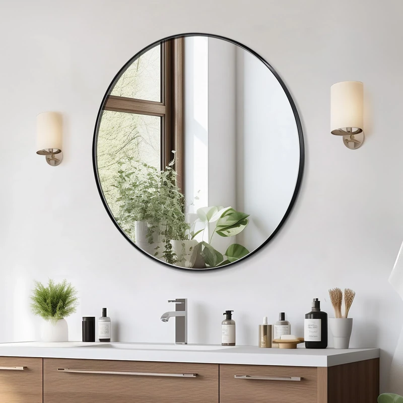 VEVOR Wall Mounted Makeup Mirror, 30 in Round Mirror with Aluminium Alloy Frame & Explosion-Proof Film, Scratch-Resistant, 76.2L x 76.2W x 25H cm, Contemporary Style
