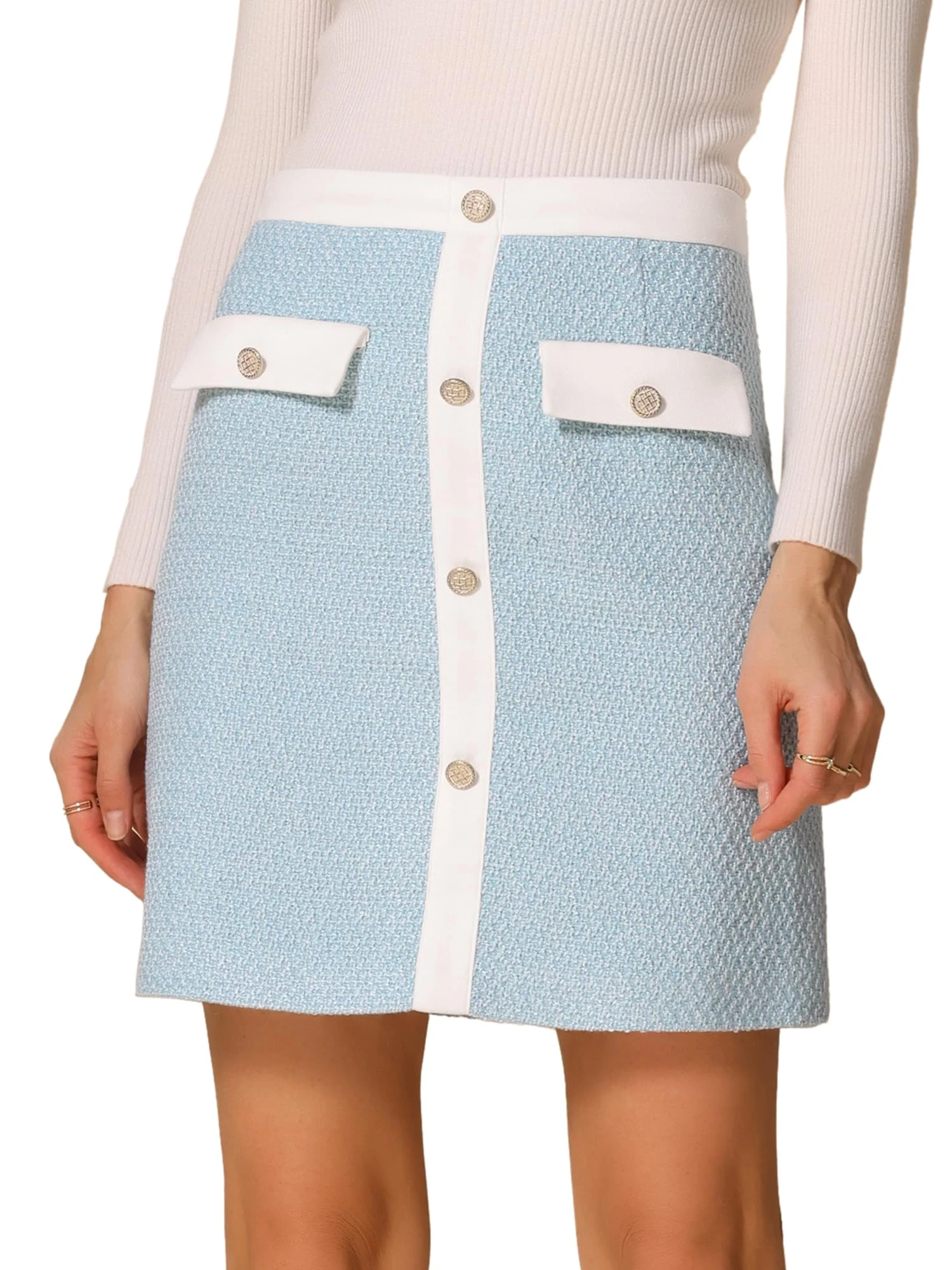 Allegra K Women's Tweed Plaid High Waist Button Decor Bodycon Elegant Office Mini Skirt, Light Blue, S