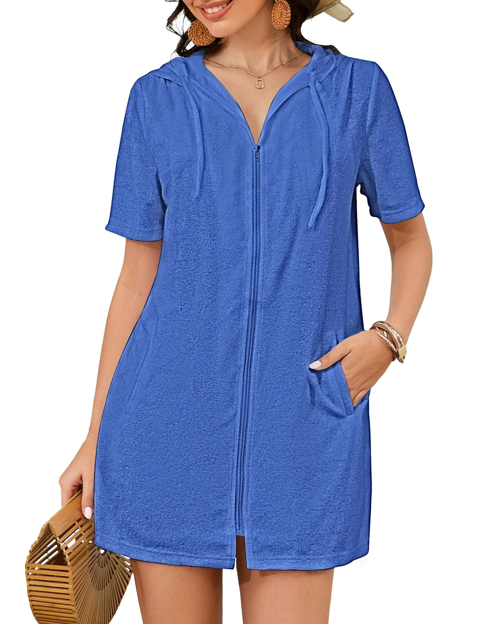Bsubseach Terry Cloth Cover Up for Women Zipper Hooded Swim Robes Beach Shirt with Pockets Blue L