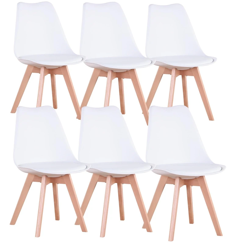 GrandCA HOME Set of 6 Scandinavian Design Dining Chairs with Ergonomic Solid Wood Legs for Dining Living Room Kitchen and Bedroom (White, 6)