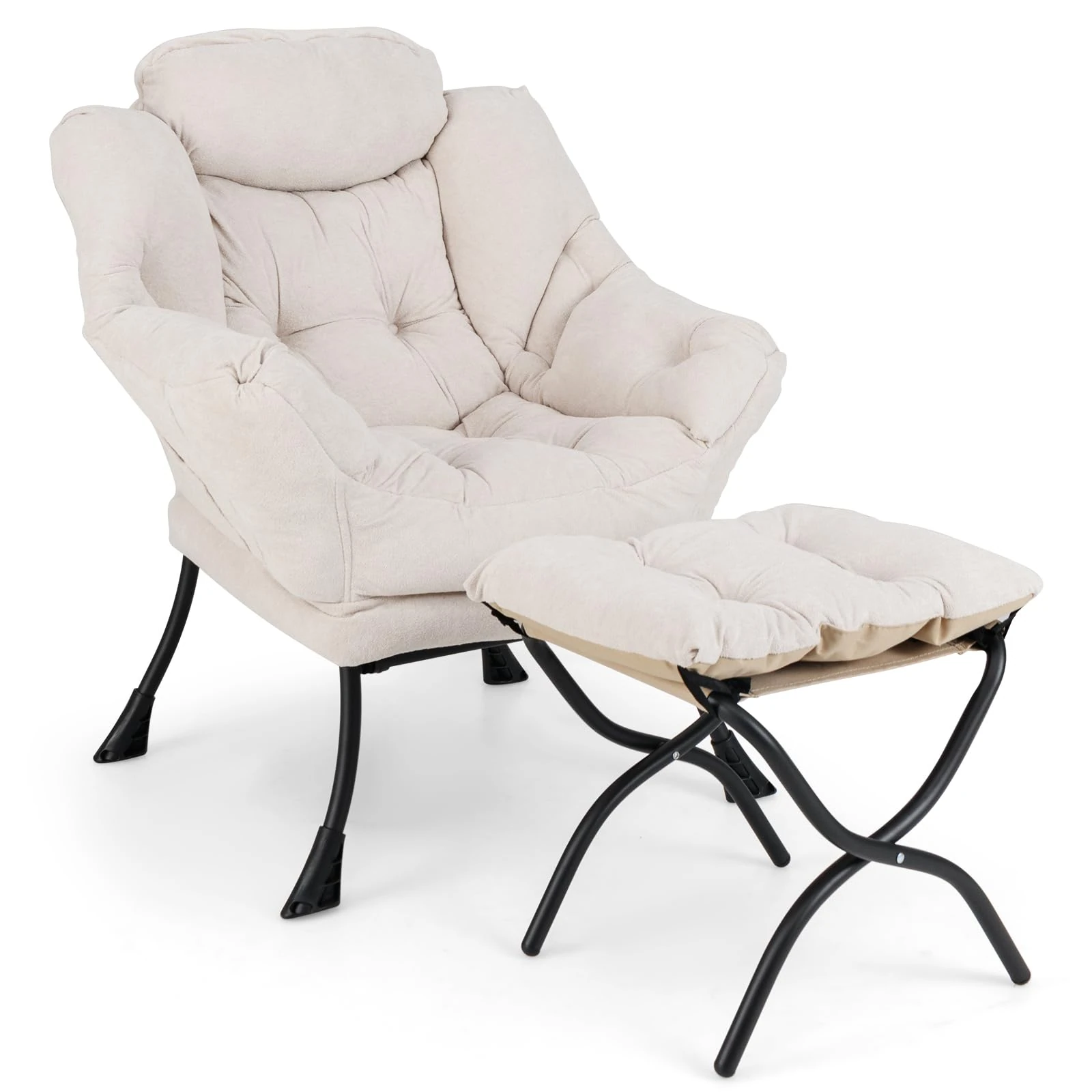 COSTWAY Armchair Accent Chair with Footstool, Sherpa Upholstered Lounge Leisure Lazy Chair with Side Pocket, Metal Frame Comfy Seat Reading Leisure Sofa for Living Room Bedroom (Beige)