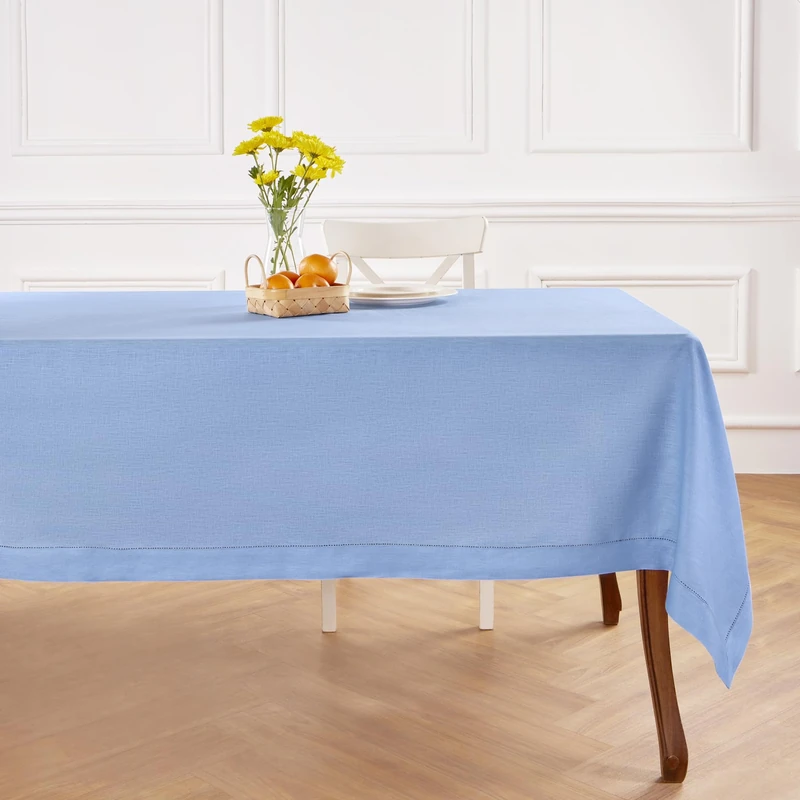 Solino Home Cornflower Blue Linen Tablecloth 60 x 120 Inch - 100% Pure Linen Hemstitch Table Cloth for Rectangle Tables - Classic Hemstitch, Machine Washable Tablecloth for Summer