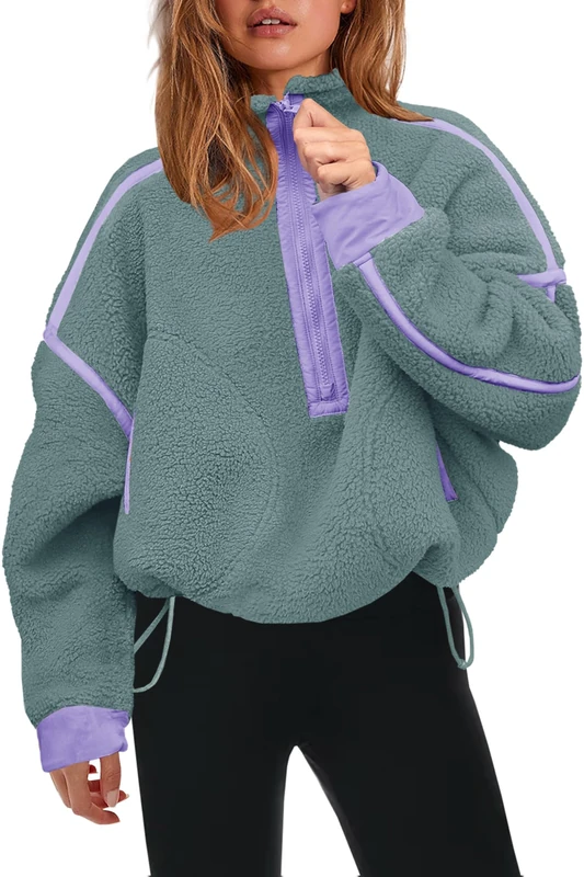 Panadila Womens Half Zip Sherpa Fleece Pullover Soft Oversized Sweatshirt with Pockets Warm Fuzzy Sweater, Green Purple Combo, XL