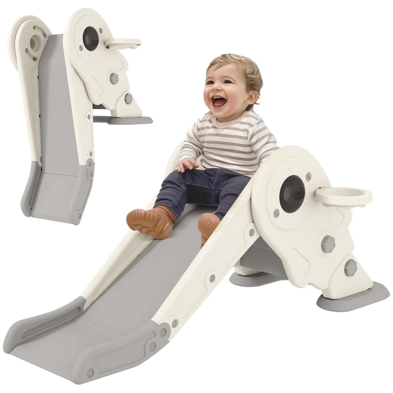 AIYAPLAY Kids Slide with Basketball Hoop, 3-in-1 Toddler Slide with Climber for Indoor, Foldable Freestanding for Toddlers, Ages 2-5 Years, Cream White