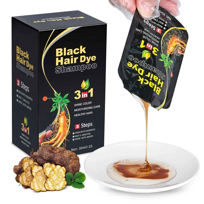 JUANCHI Black Hair Dye Shampoo 3 in 1, 300ML Hair Dye Shampoo for Women and Men,Long Lasting,Easy to Use (10Pcs)
