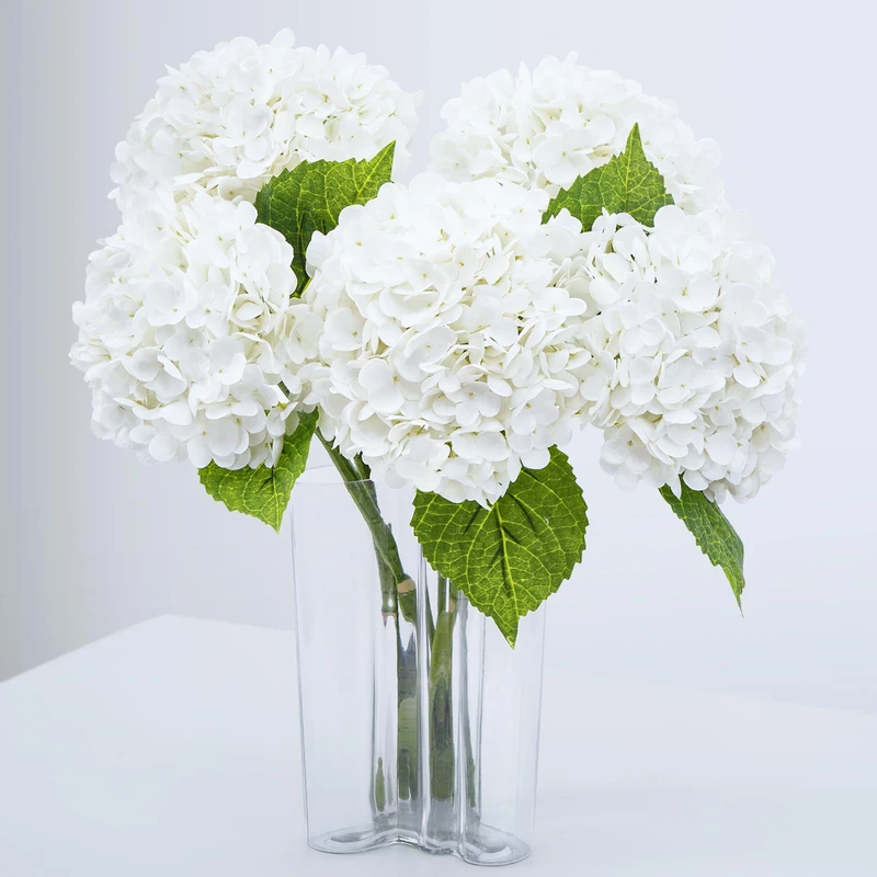 Waipfaru 21" Real Touch White Hydrangea Artificial Flowers with Long Stem & Leaves, Full Latex Faux Hydrangea Flowers for Home Decor Party Floral Arrangements Wedding Bouquets Centerpieces, 5Pcs