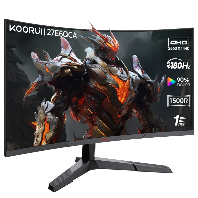 KOORUI 27 Inch QHD Gaming Monitor, 180Hz 1ms Curved VA Panel (1500R), Monitor with Adaptive-Sync, 1440p PC Screen, HDMI/DP, VESA Compatible, Tilt Adjustable, Eye Care