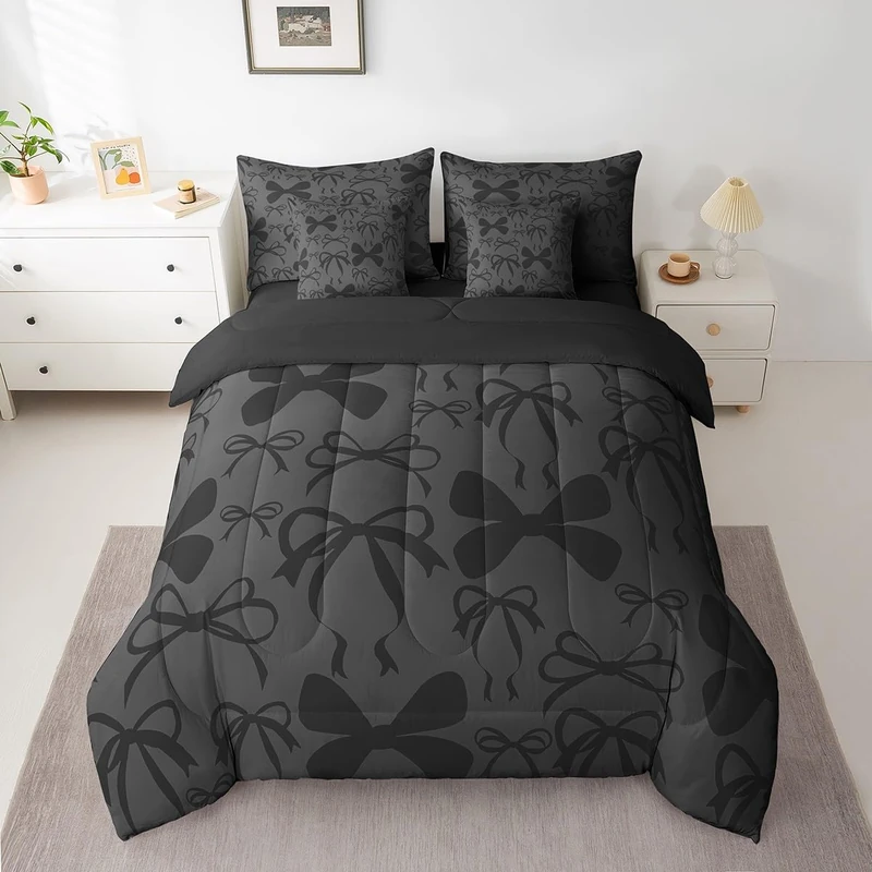 Feelyou Cute Bowknot Bedding Set for All Season Boys Girls Twin Size Bow 7 Pieces Comforter Sets for Kids Women Men Black Girls Bow Bed in a Bag with Comforter, Sheets, Pillowcases & Cushion Cover