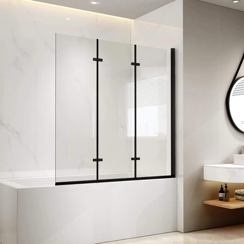 EMKE Shower Screen for Bathtub 120 x 140 cm Black Bath Attachment 3-Piece Foldable Bath Shower Screen 6 mm Safety Glass Shower Enclosure Bath