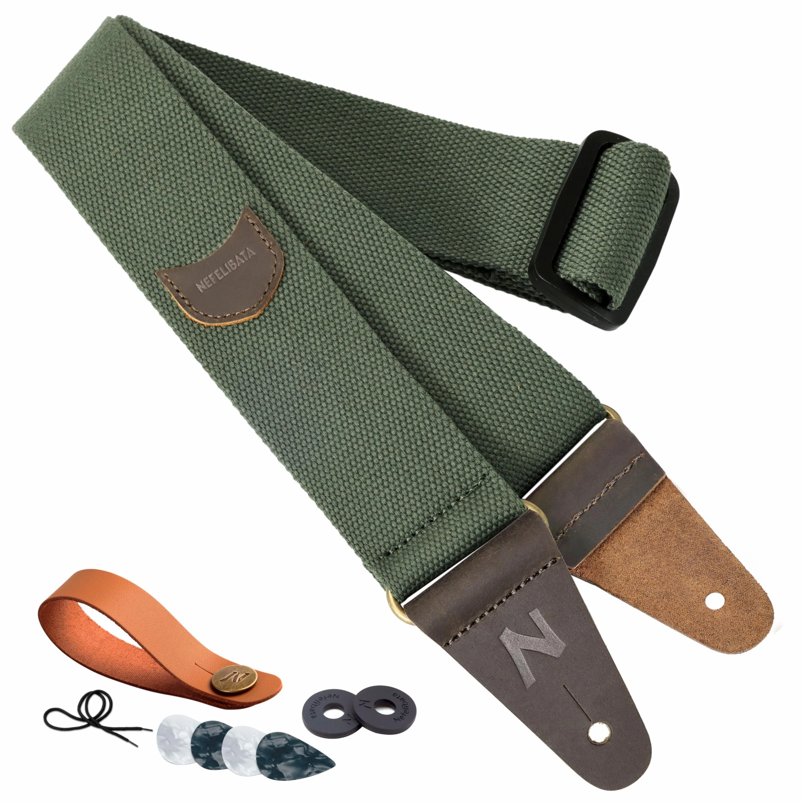 Nefelibata Guitar Strap with Pick Pocket, Head Cowhide Leather Ends Guitar Straps for Bass, Electric & Acoustic Guitar, Come with Free Strap Button, 1 Pair Strap Locks and 4 Guitar Picks