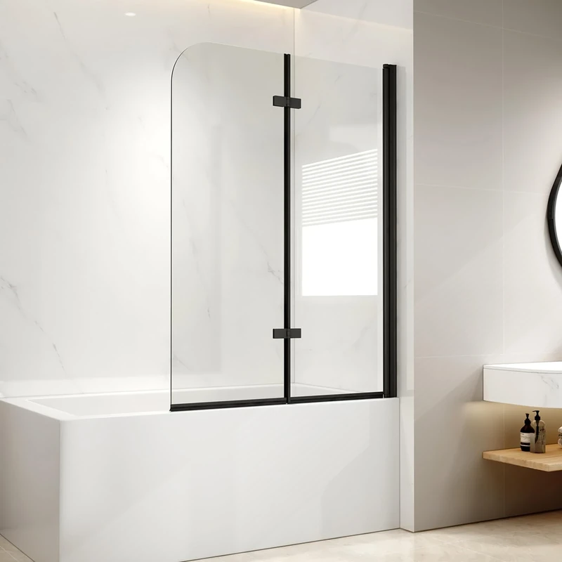 EMKE Shower enclosure for bathtub, 100 x 140 cm, black, 2 pieces, foldable, shower screen, 6 mm, safety glass