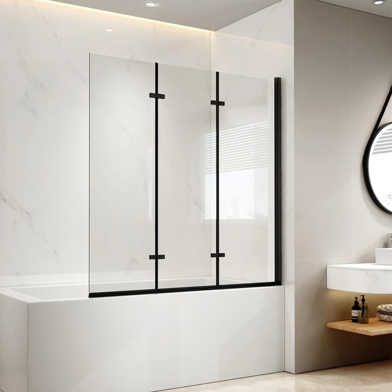 EMKE Bathtub Shower Screen, 130 x 140 cm, Black, 3-Piece Foldable, Glass Shower Screen, Folding Screen, 6 mm Tempered Glass