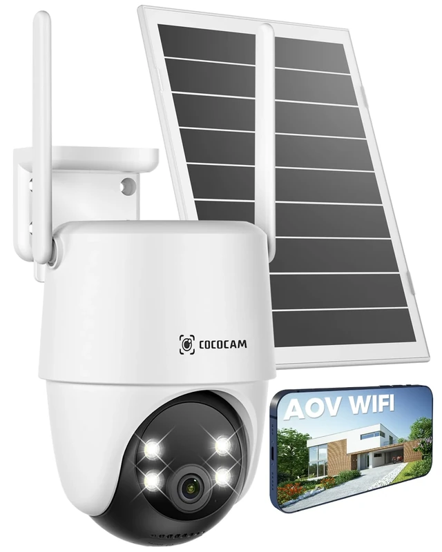 COCOCAM 24/7 Recording AOV WiFi Security Camera Outdoor Wireless with 10000mAh Battery 8W Solar Panel, 2K PTZ, 30 Meters Night Vision, AI Detection, AI Tracking, Two-way Audio