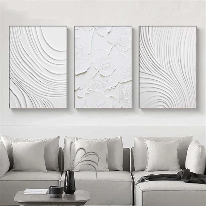 Ecyanlv White Abstract Canvas Wall Art Modern Textured Painting Geometric Art Textured Minimalist Poster Abstract Shaped Wall Art White Line Pictures Wall Decor for Living Room 16x24inch Frameless