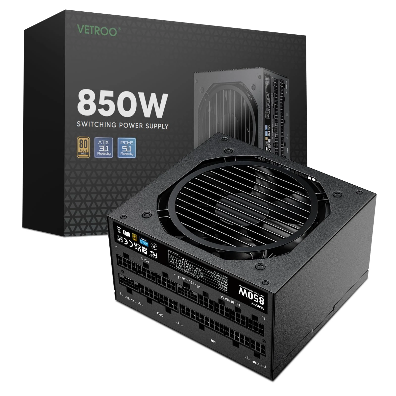 Vetroo 850W Power Supply Dual PCIe 5.1 ATX 3.1 Ready, 80 Plus Gold Full Modular, Quiet Operation with 120mm FDB Fan, 10-Year Warranty - Black