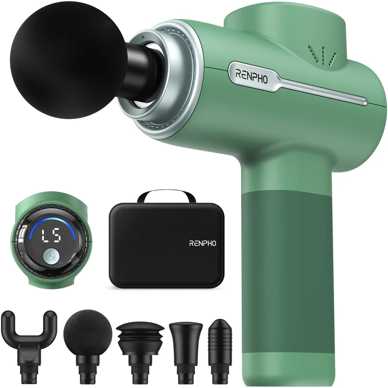 RENPHO Massage Gun Deep Tissue Muscle Percussion Massage Gun, Powerful Portable Back Massager Gun for Athletes, Handheld Back Massagers, Carry Case, Active, Green