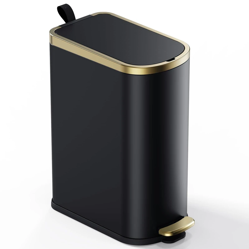 CEROELDA Slim Bathroom Trash Can with Lid Soft Close, 10 Liter/2.6 Gallon Stainless Steel Small Garbage Can, Step Pedal, Slim Metal Wastebasket for Toilet, Office, Bedroom, Black