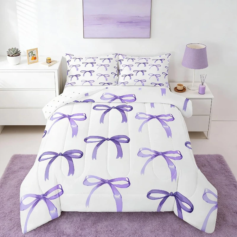 Feelyou Bow Bedding Set Boys Girls Queen Size Purple Girls Bow Comforter Set for Kids Women Men Ultra Soft Cute Bowknot Comforter Kawaii Bow Duvet Set Room Decor Lovely Decor Quilt Set