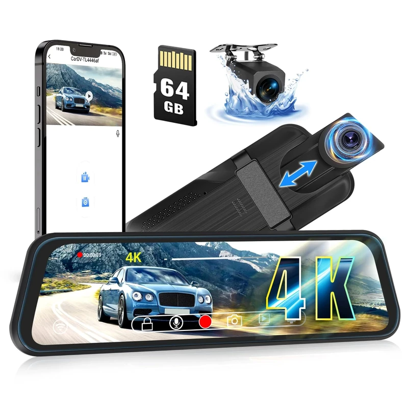 CAMECHO 1080p WIFI Mirror Dash Cam, 9.66" Full IPS Touch Screen with Loop Recording, Dual Dash Cam Front and Rear, Rear View Mirror Camera, Night Vision, G-Sensor, Reverse Assist, Included 64GB Card