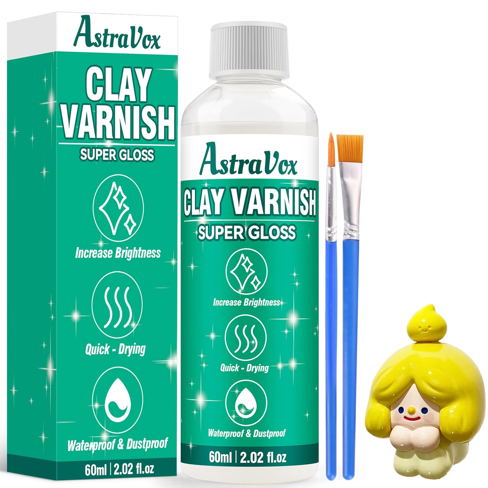 AstraVox 60ml Air Dry Clay Glaze with 2 Brushes, Varnish to Prevent Crack and Yellow, Waterproof Clay Varnish for Craft, Ceramic, Pottery, High-Gloss Glaze Effect, Easy to Use