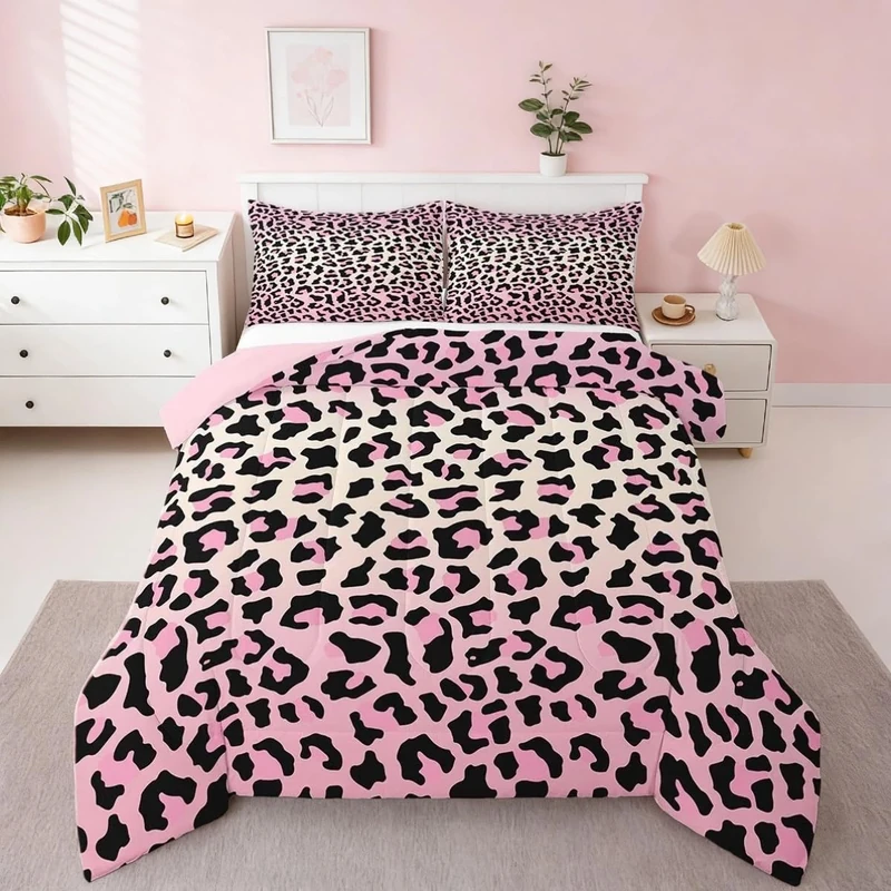 Feelyou Pink Leopard Bedding Set Cheetah Comforter Set for Kids Boys Girls Teens Room Decor Animal Print Comforter Queen Size Safari Duvet Set 3Pcs