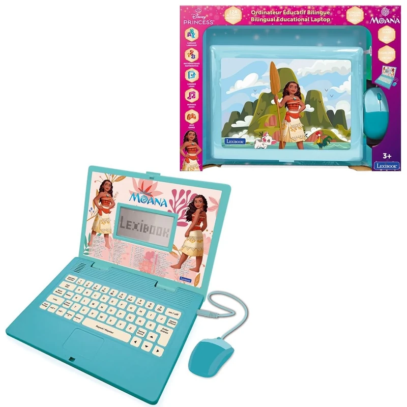LEXIBOOK, Disney Princess, Moana bilingual ENGLISH/FRENCH educational computer, Toy for children with 124 language, writing, maths, logic, music activities and games, Blue/pink, JC598VNEN