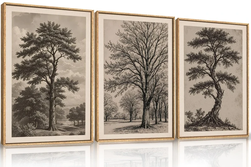 HPINUB Vintage Sketch Tree Framed Canvas Wall Art Set,Modern Nature Botanical Wall Decor, Antique Wilderness Tree Wall Painting,Minimalist Neutral Art Prints for Living