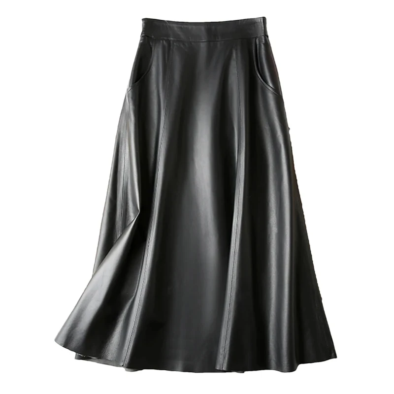 Women Autumn Winter High Waist A-Line Mid-Calf Leather Skirt Mini Pencil Skirt Black M