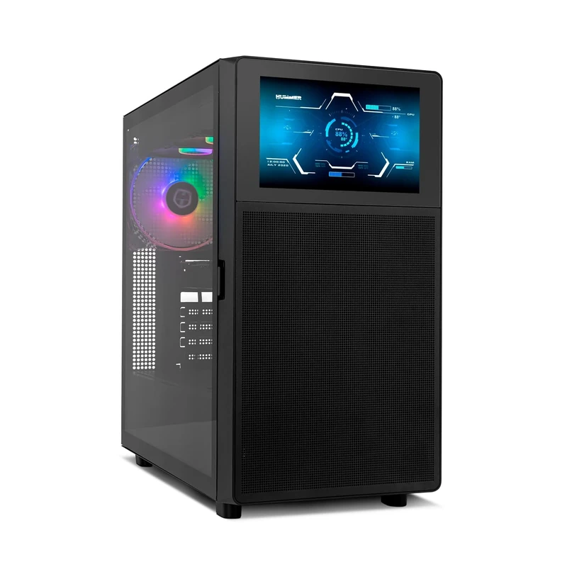 NOX XTREME PRODUCTS HUMMER BIOS - Semitower ATX | M-ATX | ITX, Customizable 8" LCD Display, Metal Mesh Front Panel, Tempered Glass Side, Space for 11 fans, USB-C and 3.0, Black