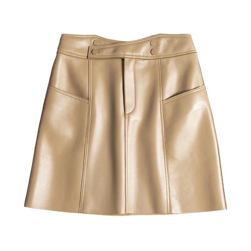 Winter Women Mini Leather Skirts Fashion High Cross Waist A-Line Slim Sexy Knee-Length Skirt Beige XL