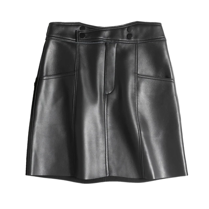Winter Women Mini Leather Skirts Fashion High Cross Waist A-Line Slim Sexy Knee-Length Skirt Black XL