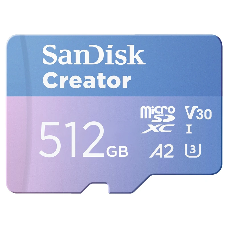 SanDisk Creator microSDXC UHS-I + SD adapter 512 GB (For Smartphones, Camera's and Drones, 5,3K & 4K, A2, C10, V30, U3, Speeds up to 190 MB/s, 3 months Adobe Lightroom included)