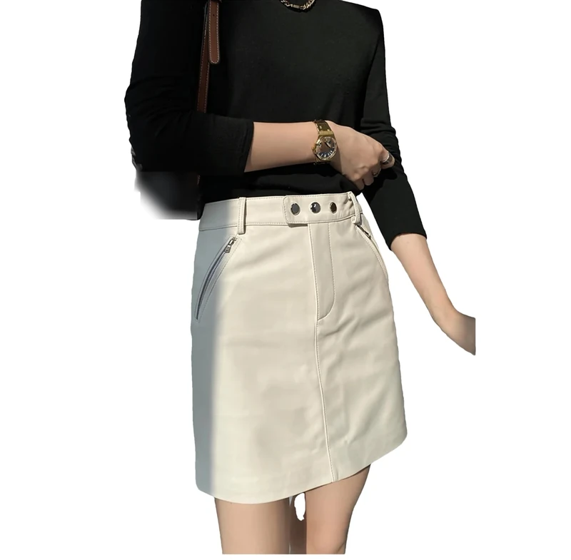 Leather Sexy Mini Skirt Women Spring South Fashion High Waist Buttons Retro A-Line Skirt Beige XL