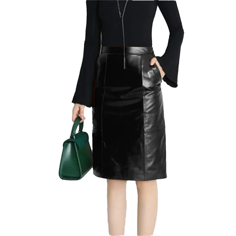 Winter Leather Midi Long Wrap Skirt Ladies Elegant Simple Sexy Mini A-Line Pencil Skirt Black L