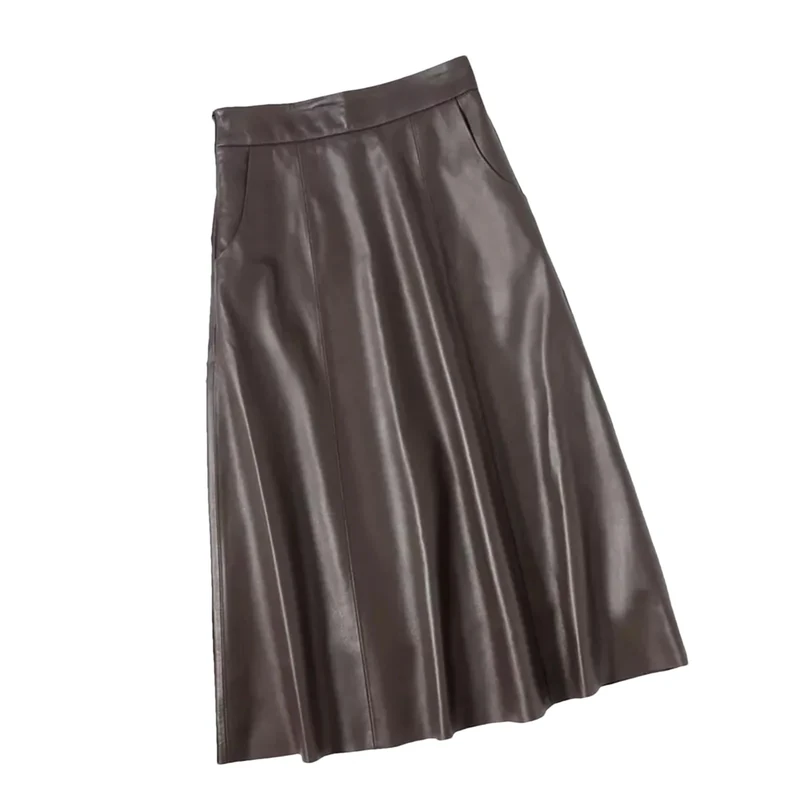 Women A-Line Long Leather Skirt High Waisted Bodycon Pencil Mini Skirts Brown S