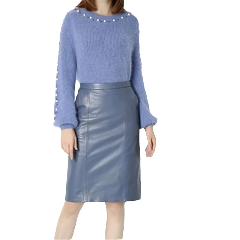 Winter Leather Midi Long Wrap Skirt Ladies Elegant Simple Sexy Mini A-Line Pencil Skirt Blue L