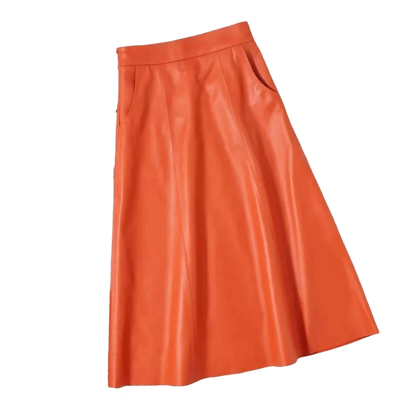Women A-Line Long Leather Skirt High Waisted Bodycon Pencil Mini Skirts Orange S