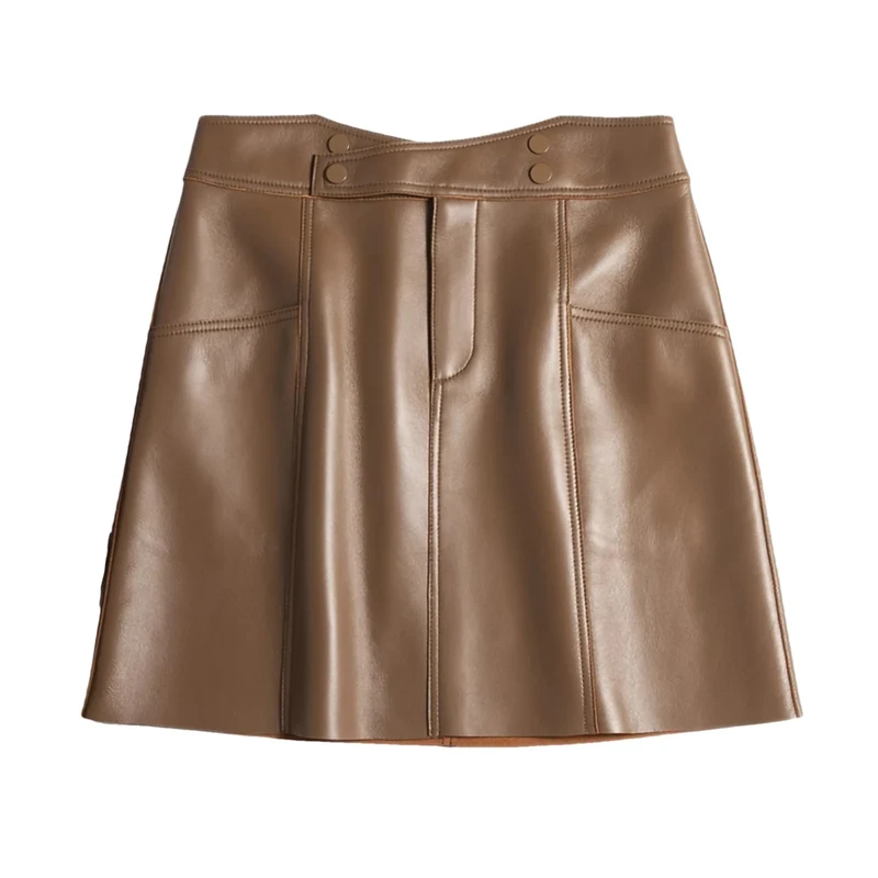 Winter Women Mini Leather Skirts Fashion High Cross Waist A-Line Slim Sexy Knee-Length Skirt Brown XL